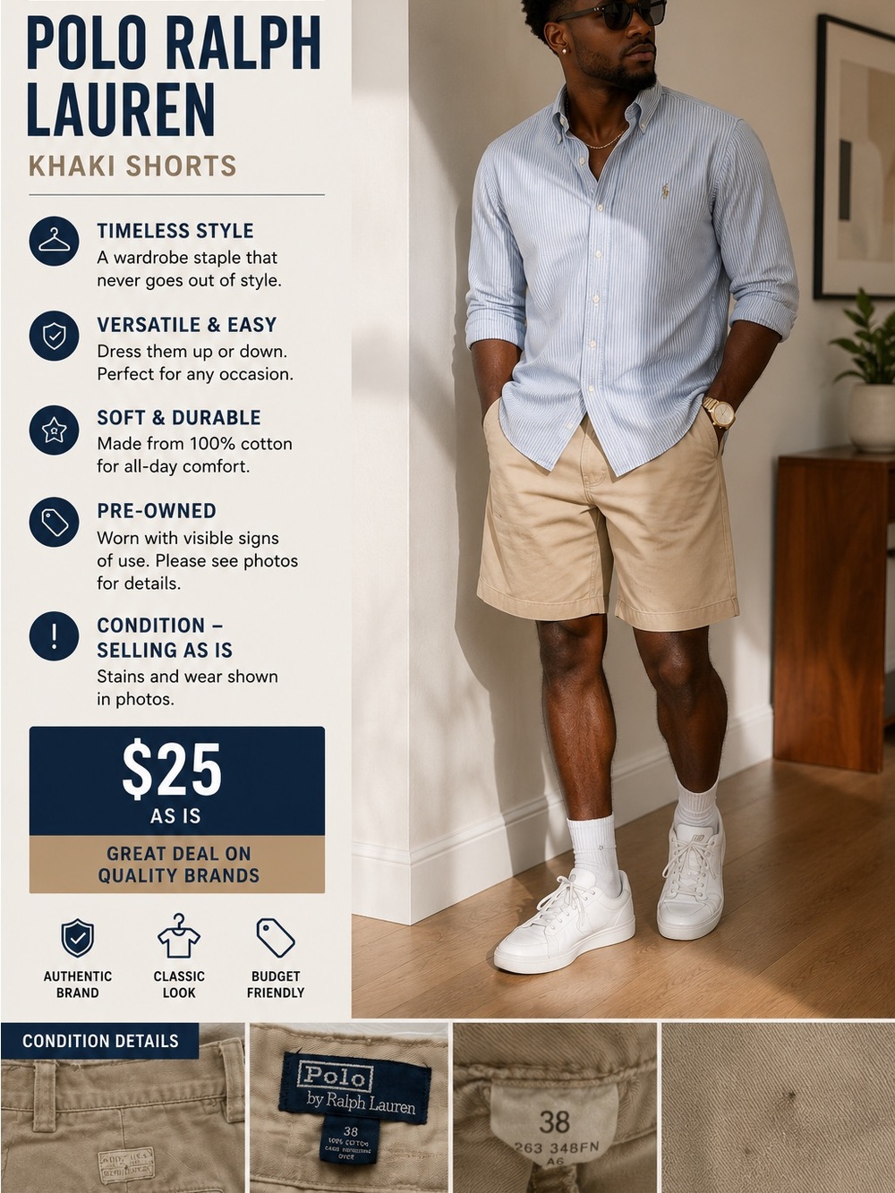 Polo by Ralph Lauren Men’s Khaki Flat-Front Shorts - Beige